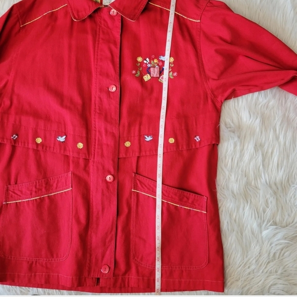 Casey Coleman Embroidered Collared Denim Jacket Red Size M / L Flowers Gardening - Picture 10 of 12